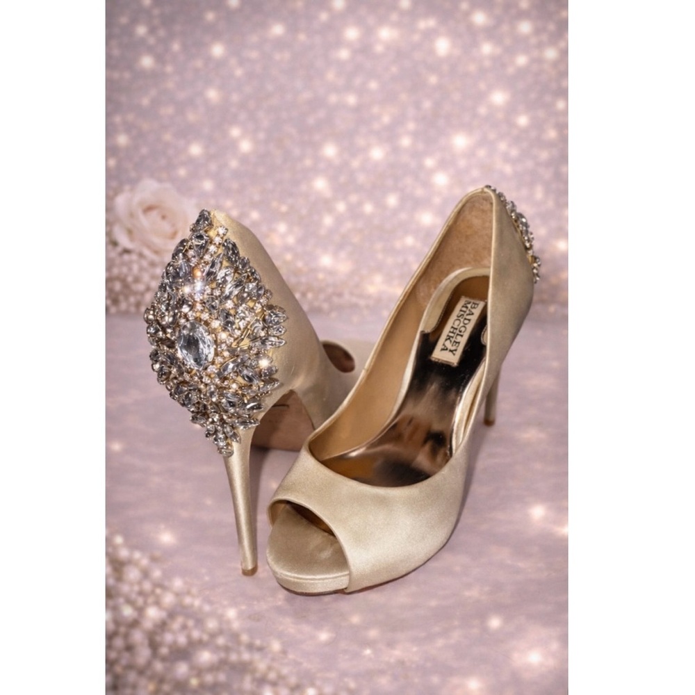 Badgley Mischka Gold Peep Toe Heels w/ Rhinestone Embellishments